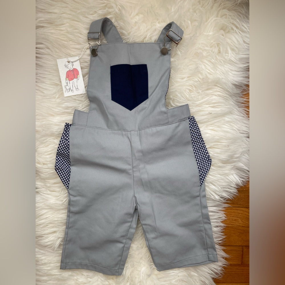 Children's Light Gray Overalls with Navy Chest Pocket